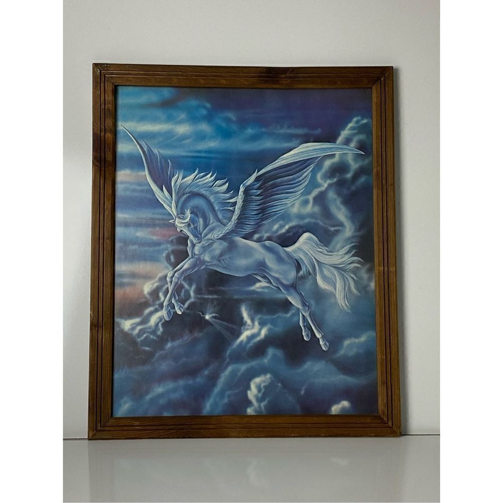 VTG 80’s Unicorn Pegasus Wall Picture Original Wood Frame 18” x 22” Art Decor
